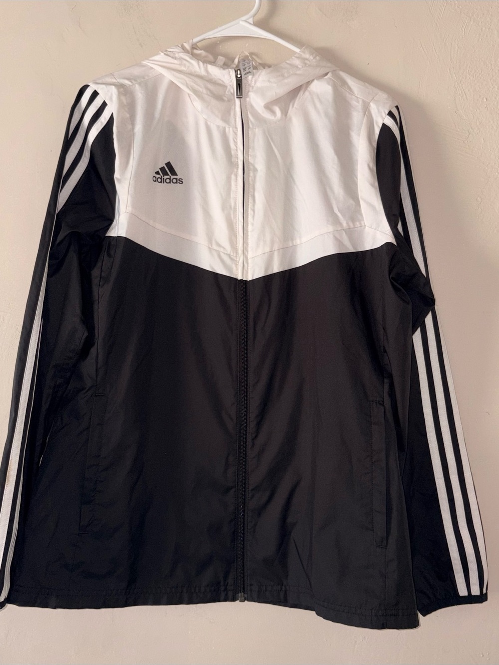 adidas Women's Medium Black White Colorblock Tiro 3-Stripe Hooded Windbreaker